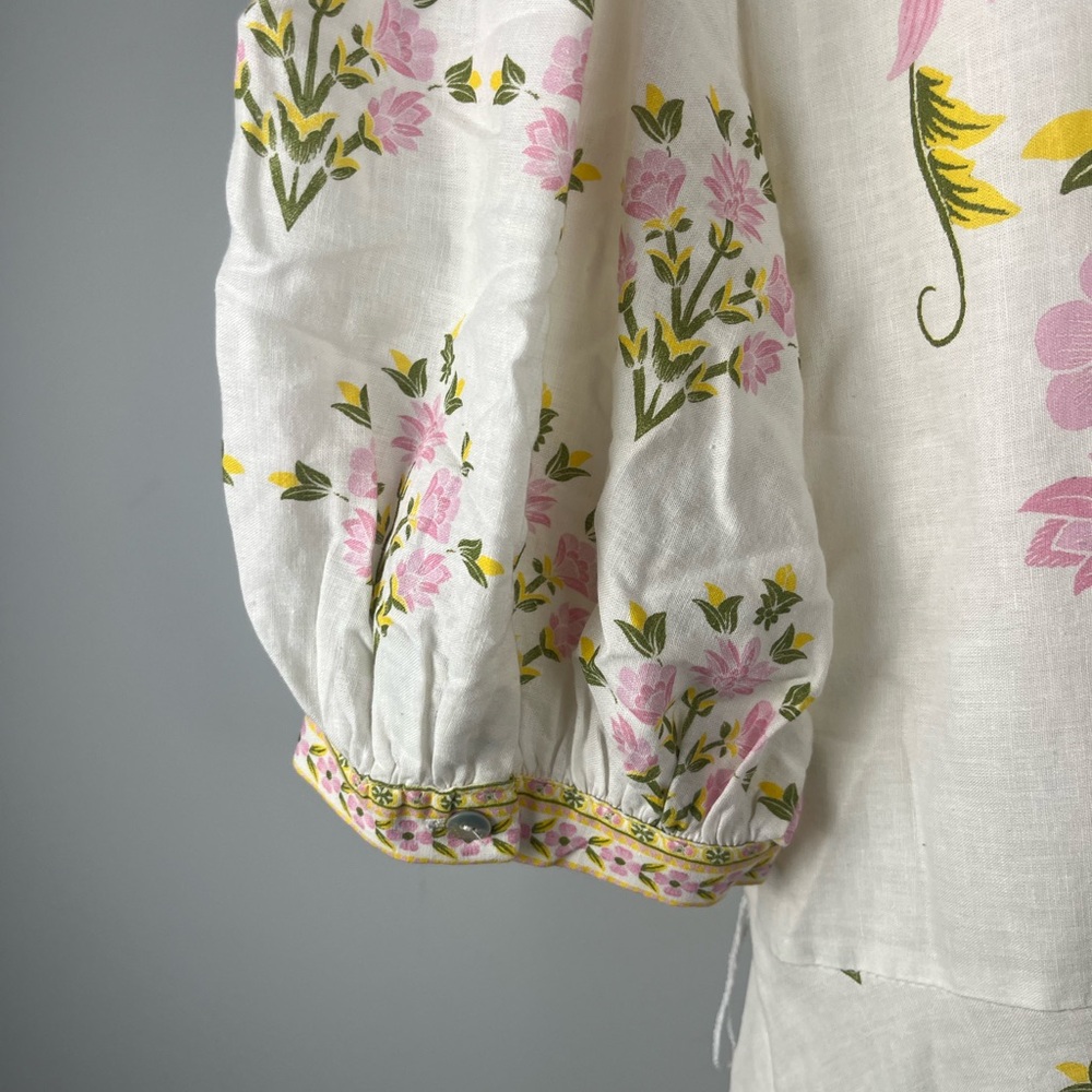 A loves a white pink green Bubble Sleeve Floral Dress MISSING BELT size large - Picture 9 of 9
